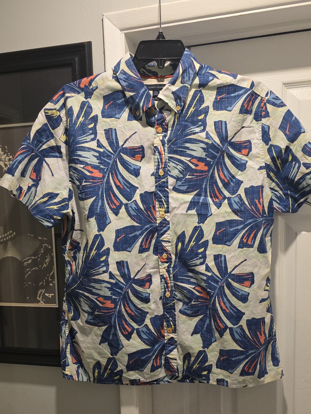 Tommy Hilfiger Blue and Cream Tropical Button-Down Shirt